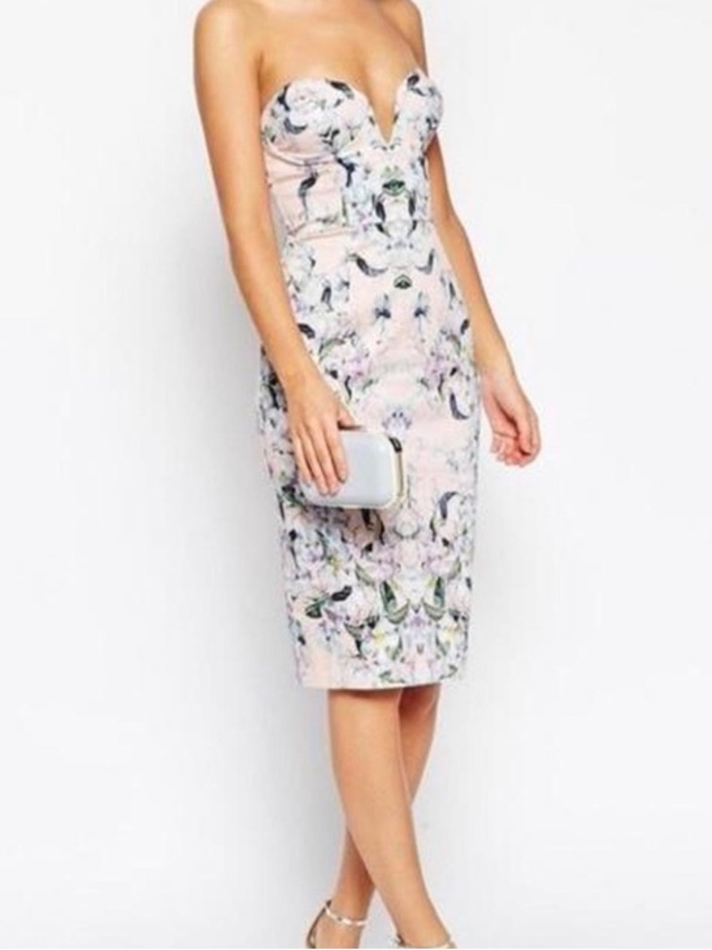 ASOS Pink Floral Midi Bodycon Dress